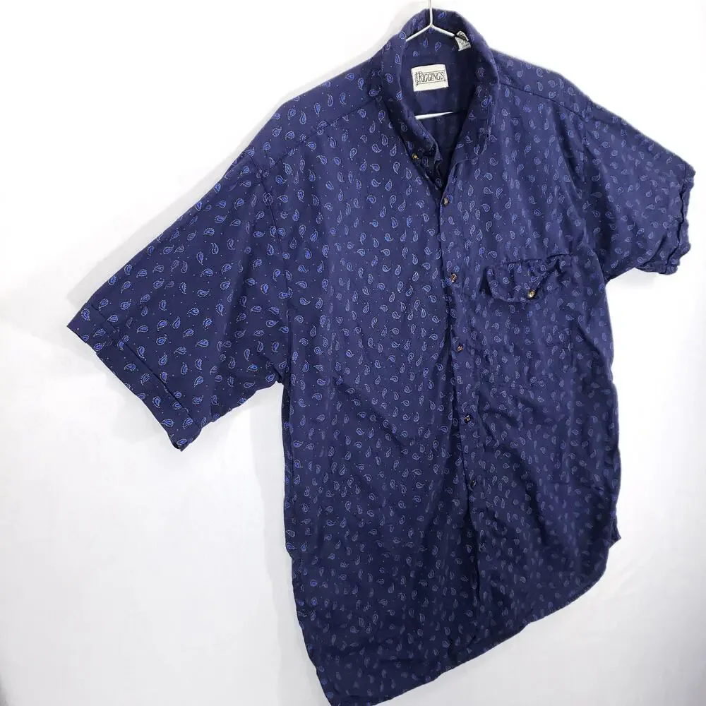 Vintage J Riggings Shirt Mens Large Navy Blue Paisley Short Sleeve‎ Button Down